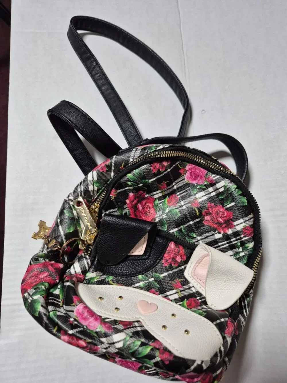 Betsey Johnson Cat Face Mini Backpack Floral Plaid Rose Kitsch Bag